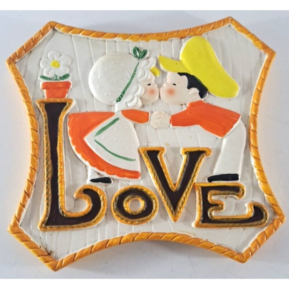 Vintage Kitschy Wall Decor Love Couple Kissing White Orange 3D Retro Japan 8x8